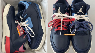 Air Jordan 3 "Sports Renaissance" retro clad in a "Obsidian/Track Red/Blue Beyond/Chalk" color scheme.