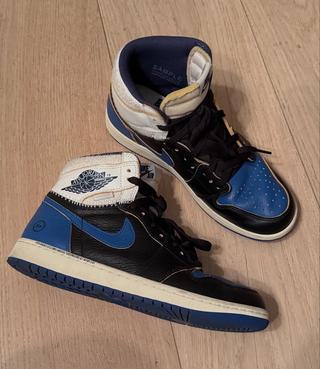 Union x Fragment x Air Jordan 1 High OG in a "Sport Royal" color scheme.