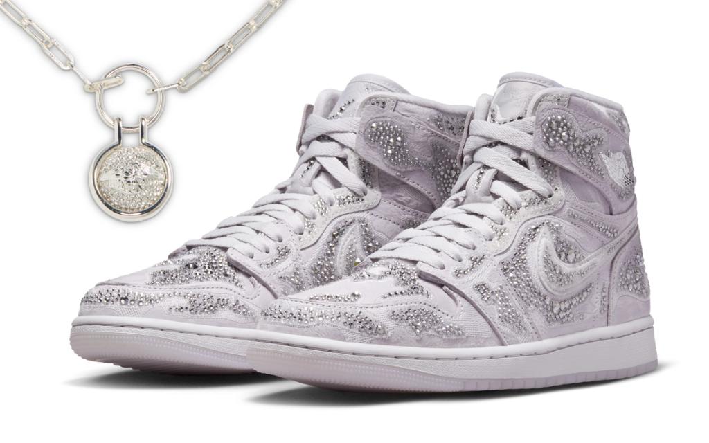 Swarovski x Air Jordan 1 High OG in Vast Grey featuring hand-applied crystal embellishments across the upper