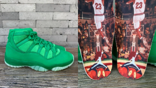 In-hand look at the suede-covered Air Jordan 11 "Green Screen" retro celebrating the 30th anniversary of Space Jam. Photos via @rache1_nguyen on Instagram.