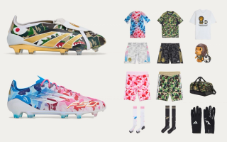 A BATHING APE® (BAPE®)'s Adidas Football collaboration, featuring the Predator Elite and F50 Elite boots, apparel, and accessories.