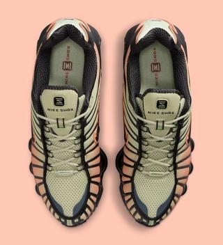 Top-down view of the Nike Shox TL in an "Off Noir/Olive Aura/Orange Frost" color scheme.