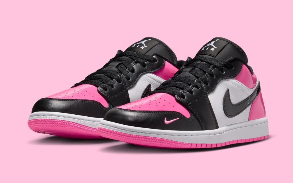 Air Jordan 1 Low in Black & Pink Patent colorway with Bred Toe blocking detail