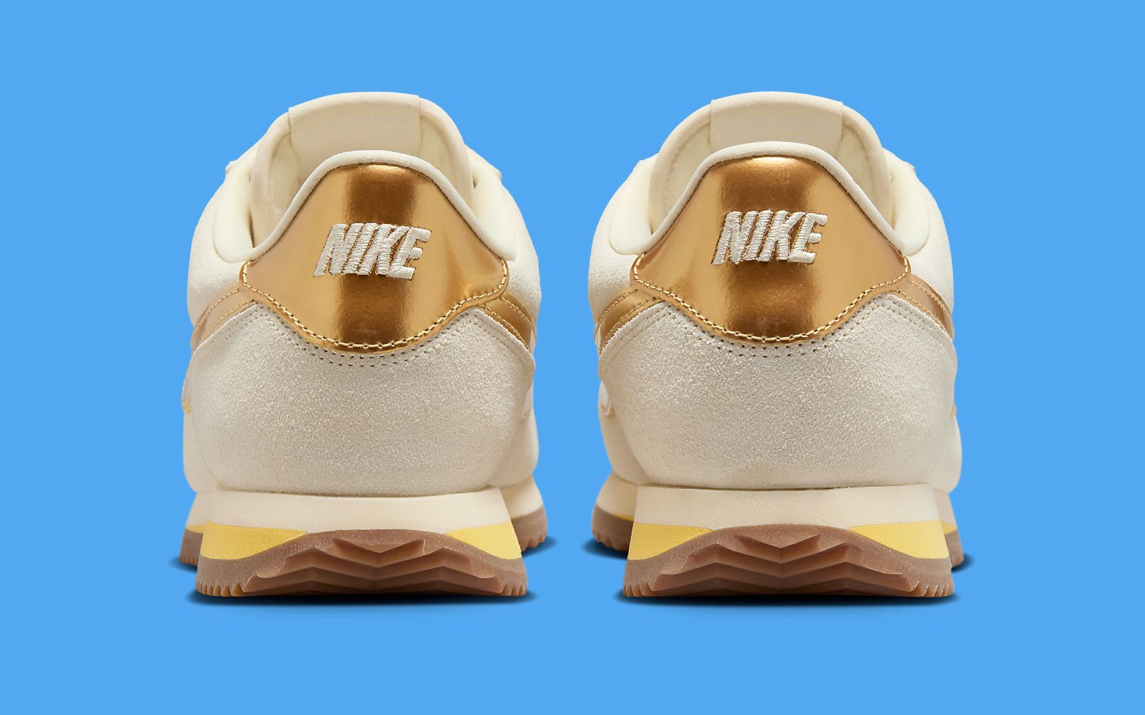 nike beige with gold swoosh suede cortez se trainers