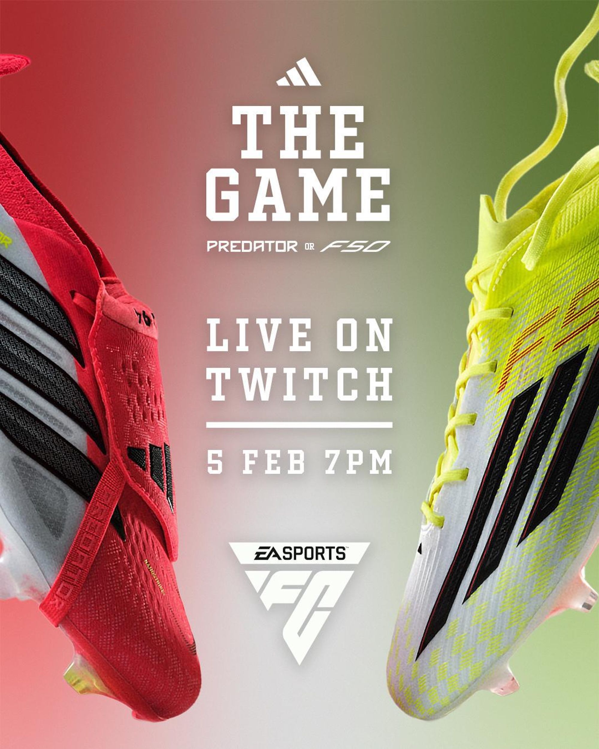 Promo flyer for adidas' 'Predator v F50: The Game' live event hosted on EA SPORTS FC™.