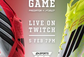 Promo flyer for adidas' 'Predator v F50: The Game' live event hosted on EA SPORTS FC™.