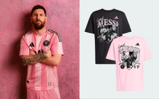 Messi MLS MVP 2025 graphic t-shirt by adidas in pink and black.