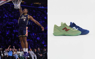 Kawhi Leonard debuting his New Balance Kawhi V (5) basketball shoe during 2026 NBA All-Star Weekend.