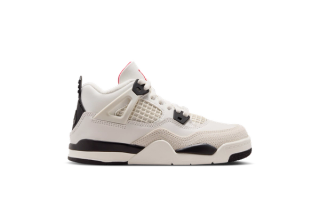 Little Kids' Air Jordan 4 "Flight Club" retro in a "Sail/Black/University Red" color scheme.