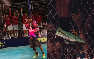 Travis Scott wearing his unreleased Nike Football indoor shoe collaboration in Miami.