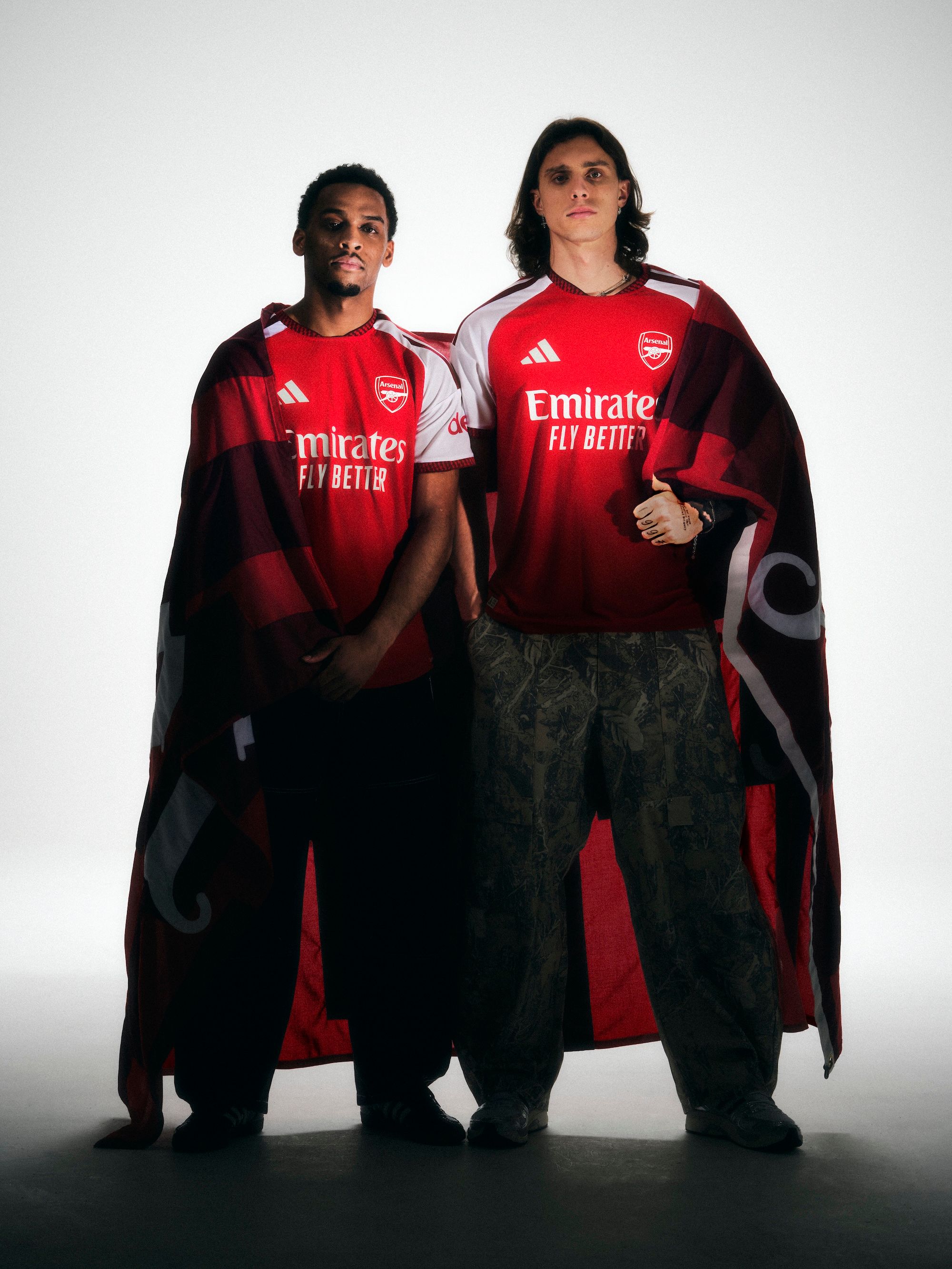 Jurriën Timber & Riccardo Calafiori for Arsenal 26/27 Home kit by adidas. Photo via adidas.