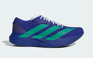 Adidas Adizero Evo SL running shoe in a "Lucid Blue/Court Green/Lucid Red" seemingly inspired by Italy's National Football Team.