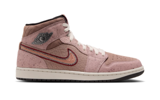 Men's Air Jordan 1 Mid "Día de Muertos" (2026) retro in a "Desert Dust/Particle Beige/Light Orewood Brown/Terra Blush" color scheme.