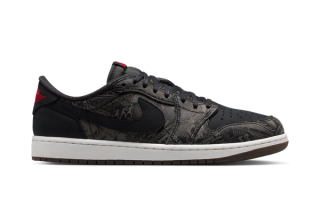 Air Jordan 1 Low OG “Laser” retro in a "Black/University Red/Palomino/Summit White" color scheme.