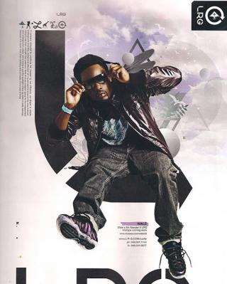 Wale wearing the "Eggplant" Nike Air Foamposite One in an LRG ad in 2008.