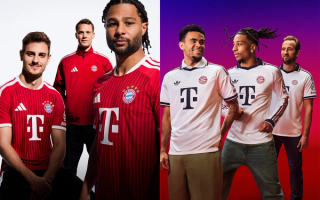 Josip Stanišić, Manuel Neuer & Serge Gnabry in promo visual for Bayern Munich's 2026/27 Home kit by adidas; Luis Díaz, Michael Olise & Harry Kane modeling Bayern Munich's 26/27 Away jersey.