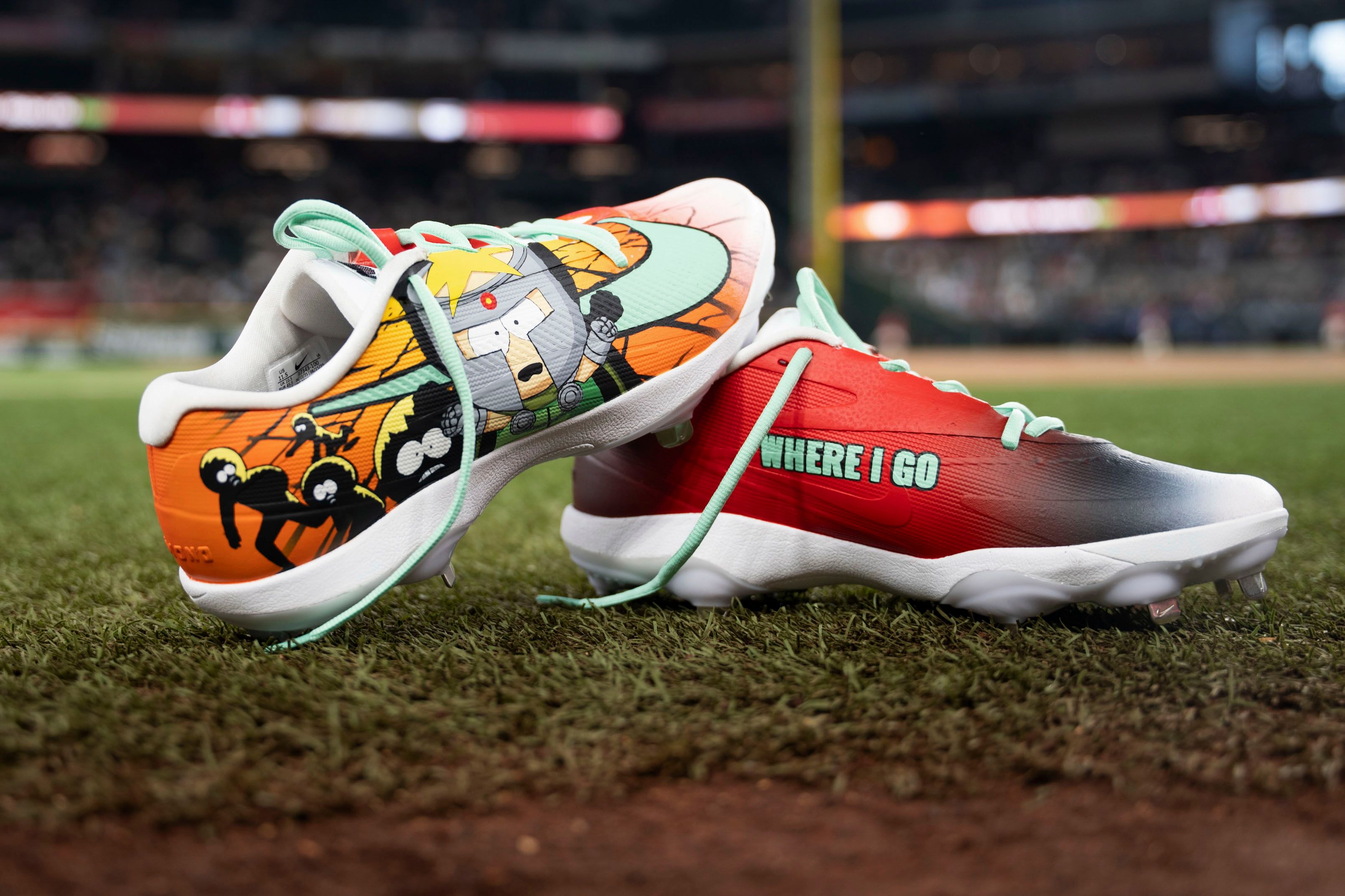 Zach Neto's Professor Chaos Nike Cleats. Photos via MLB.
