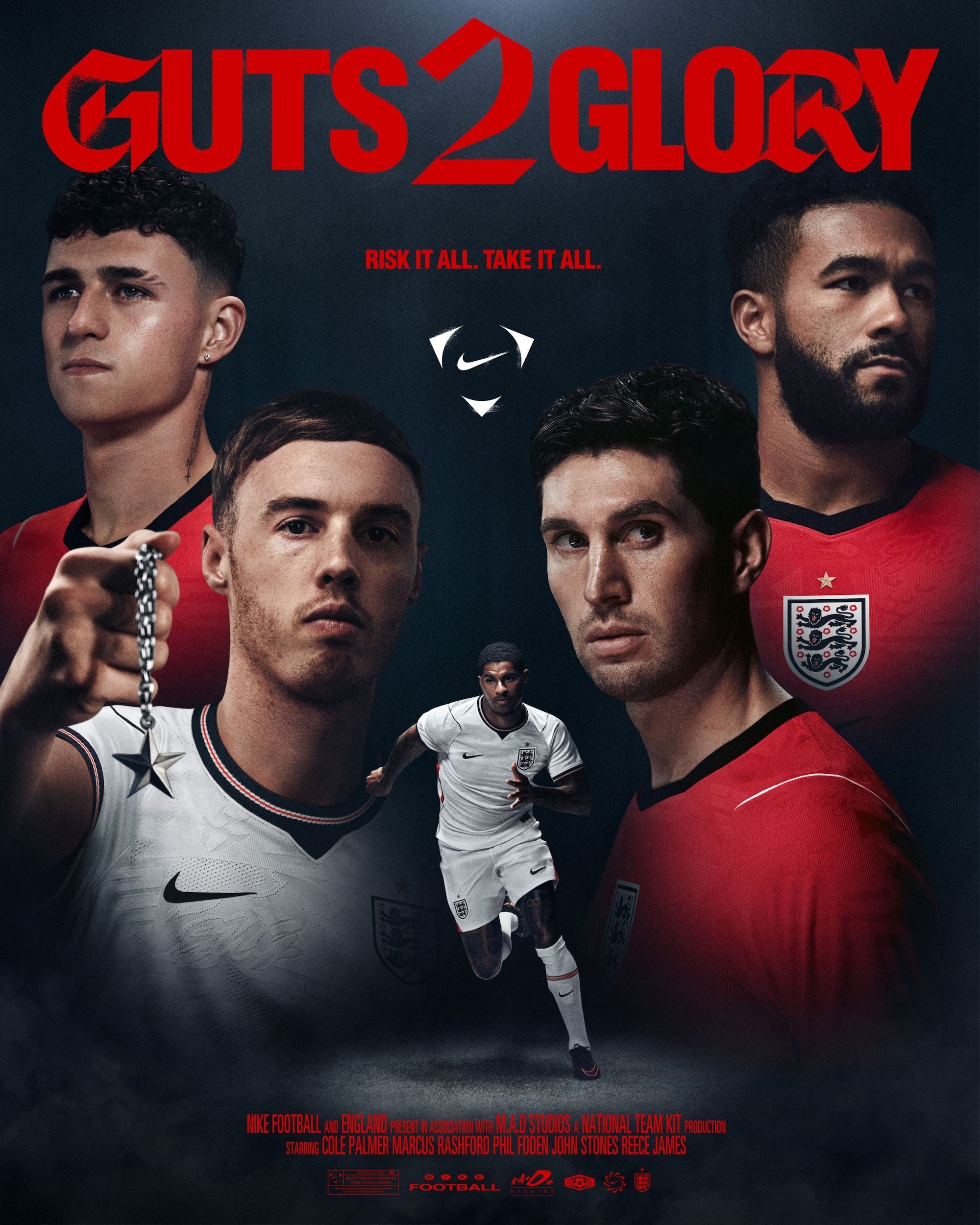 Campaign image of England's Home & Away jerseys by Nike for the 2026 FIFA World Cup™, featuring Cole Palmer, Phil Foden, and Marcus Rashford.