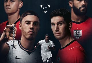 Campaign image of England's Home & Away jerseys by Nike for the 2026 FIFA World Cup™, featuring Cole Palmer, Phil Foden, and Marcus Rashford.