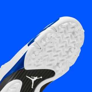 Forefoot outsole close-up of the Air Jordan 14 Golf shoe in a "White/Hyper Royal/Black" color scheme.