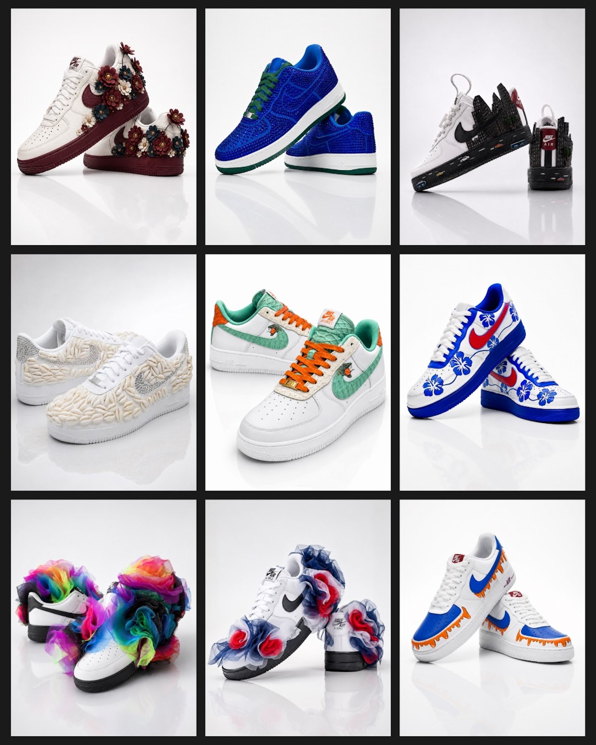 Nine one-of-one pairs of the Nike Air Force 1 created by Black designers as part of a charity event for Harlem's Fashion Row & Foot Locker.