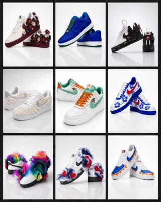 Nine one-of-one pairs of the Nike Air Force 1 created by Black designers as part of a charity event for Harlem's Fashion Row & Foot Locker.