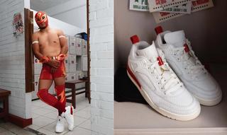 Lucha libre-inspired campaign photo for the Jordan Spizike Low "El Vuelo" sneaker.