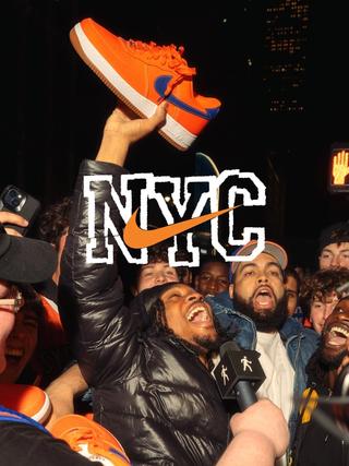 New York Knicks fan with the Knicks-inspired Nike NYC Air Force 1 in orange-and-blue.