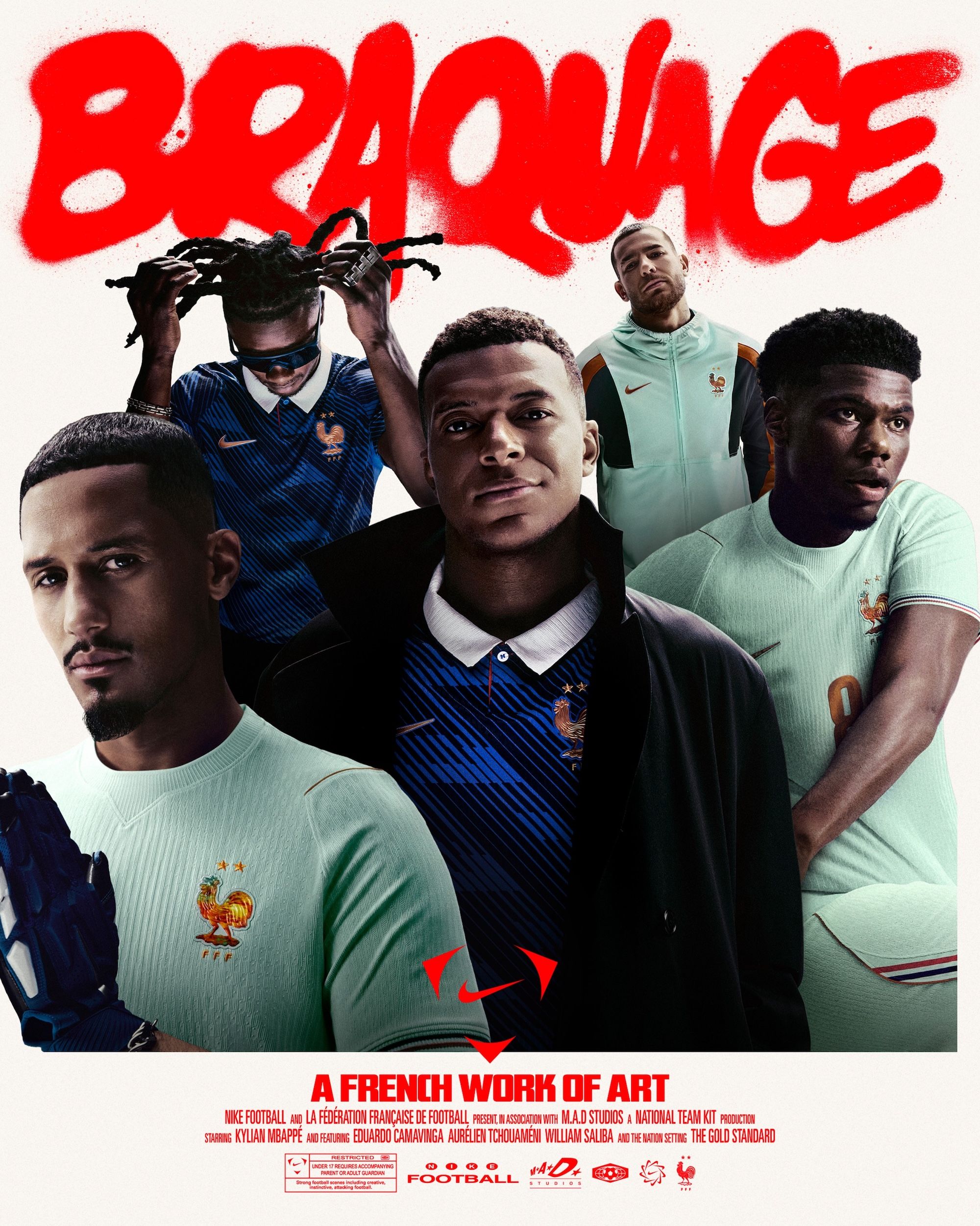 Campaign image of France's Home & Away jerseys by Nike for the 2026 FIFA World Cup™, featuring William Saliba, Kylian Mbappé, and Eduardo Camavinga.