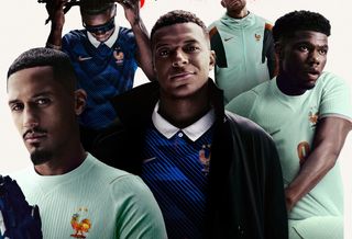 Campaign image of France's Home & Away jerseys by Nike for the 2026 FIFA World Cup™, featuring William Saliba, Kylian Mbappé, and Eduardo Camavinga.