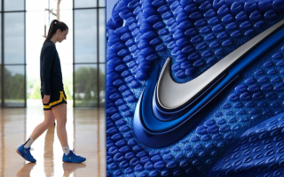 Caitlin Clark's wearing her debut Nike Basketball shoe—the Nike Caitlin 1—in a blue colorway.