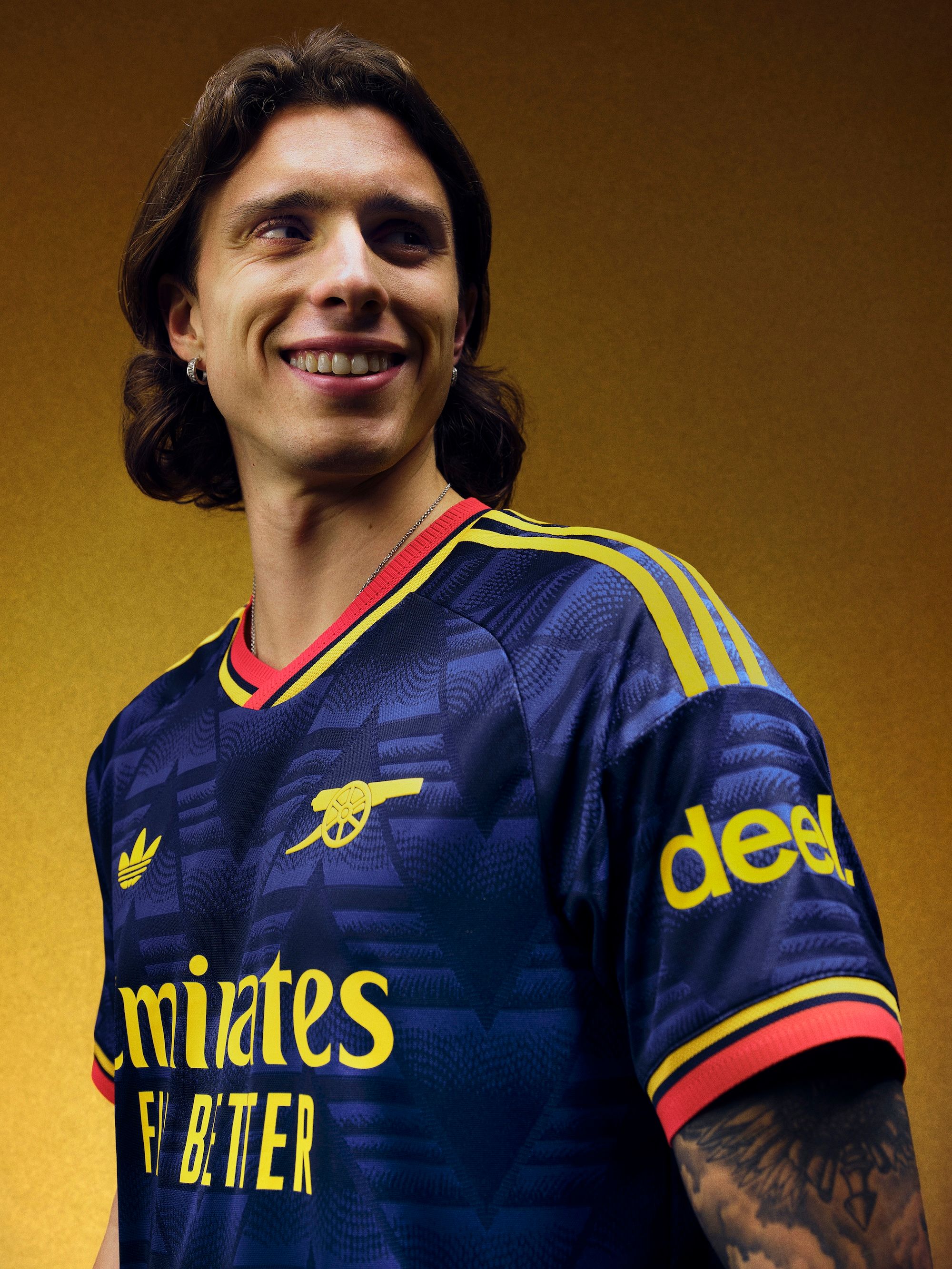 Riccardo Calafiori for Arsenal 26/27 Away kit by adidas. Photo via adidas.