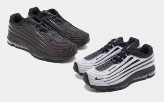 Two pairs of the Nike Air Max Ecstasy Plus retros, featuring black and silver-navy colorways. The model was formerly known as the Air Max 2000.