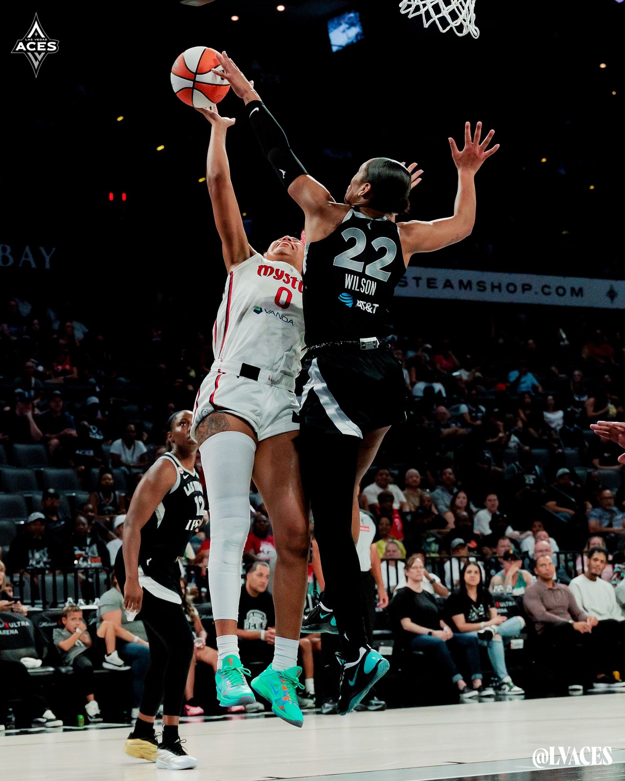 A'ja Wilson of the Las Vegas Aces wearing a Danny Phantom-inspired Nike A'Two basketball shoe. Photo via Las Vegas Aces.