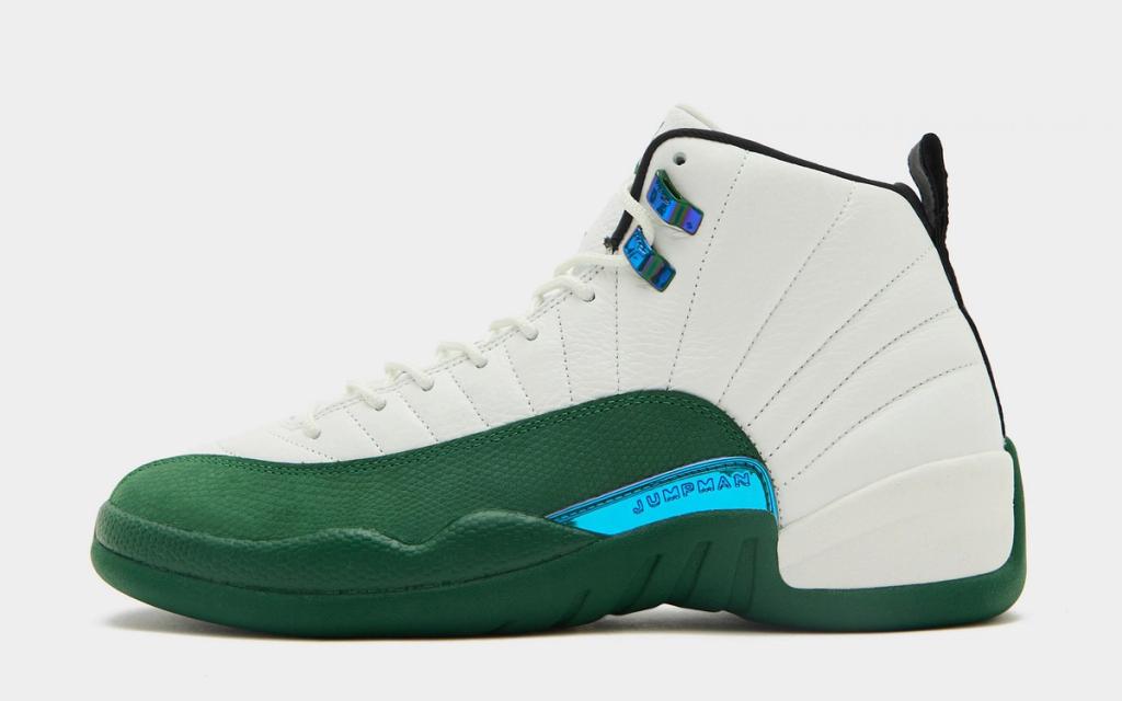 Air Jordan 12 'Bucks' colorway in Milwaukee-inspired team colors, hero angle showing the silhouette's sculptural midfoot strap and ankle collar