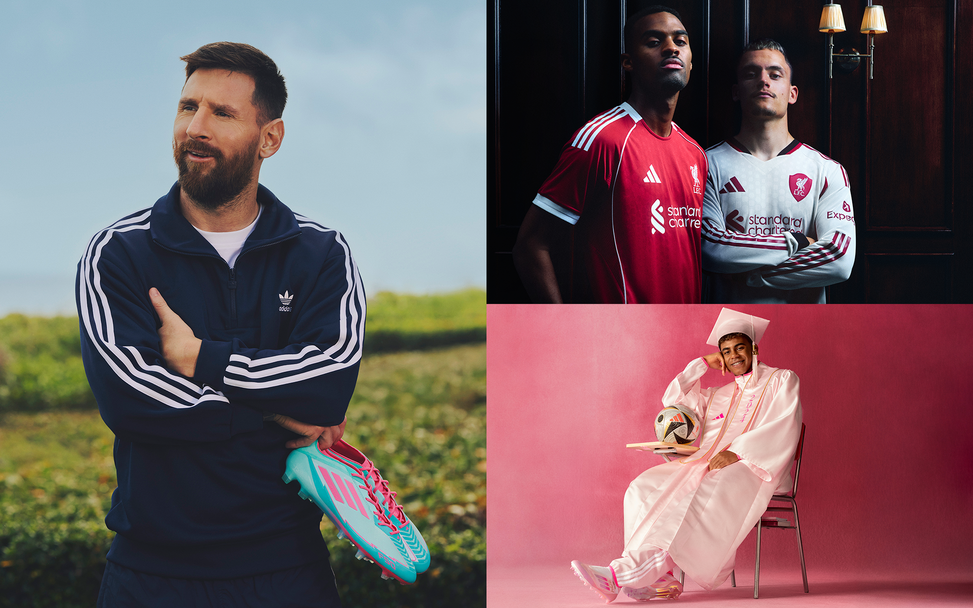 Lionel Messi, Lamine Yamal, Florian Wirtz, and Ryan Gravenberch promoting different adidas Football products.