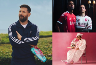 Lionel Messi, Lamine Yamal, Florian Wirtz, and Ryan Gravenberch promoting different adidas Football products.