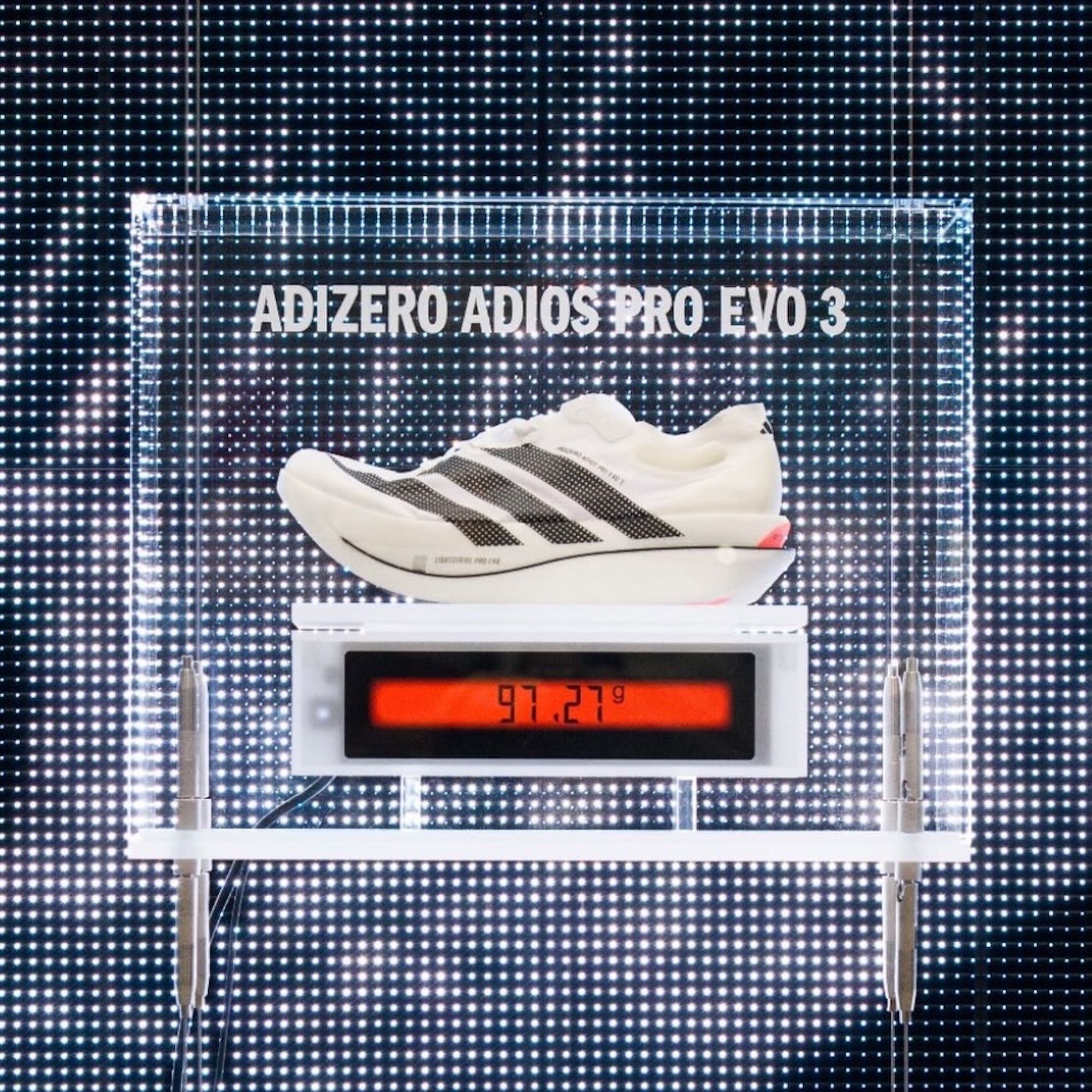 adidas Adizero Adios Pro Evo 3 racing shoe coming in at just above 97 grams in weight.