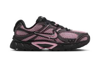 Women's Nike V5 RNR $95 retro runner-inspired sneaker in a "Black/Metallic Silver/Medium Soft Pink" color scheme.