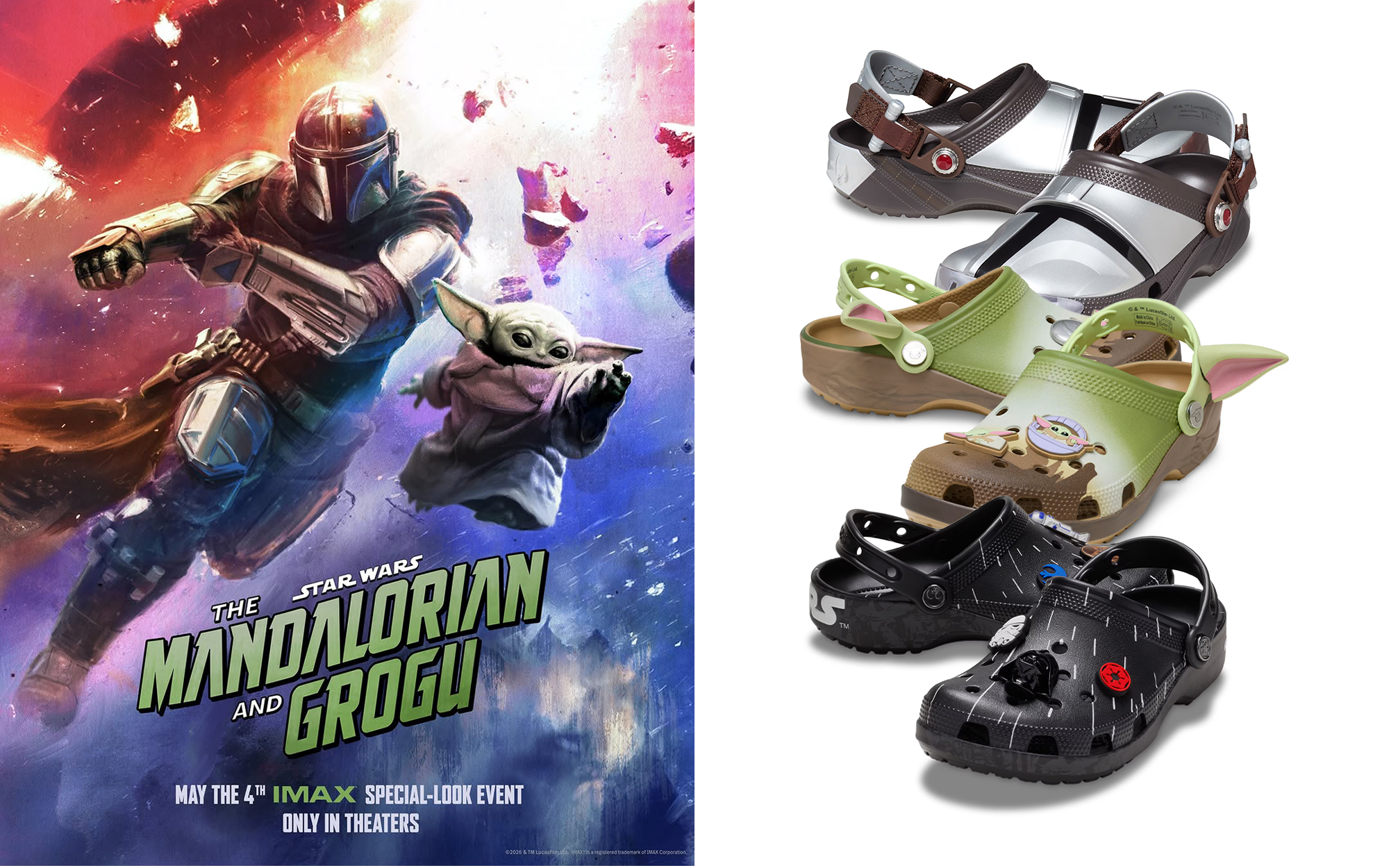 Movie poster for Star Wars The Mandalorian and Grogu; three Crocs Classic Clogs collaborations inspired by the movie.