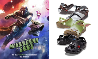 Movie poster for Star Wars The Mandalorian and Grogu; three Crocs Classic Clogs collaborations inspired by the movie.