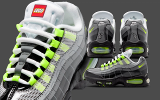 Kids' LEGO® x Nike Air Max 95 in a "Black/Grey/Volt" color scheme.