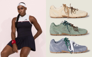 Coco Gauff wearing Miu Miu-branded New Balance Tennis outfit; three pairs of the New Balance 530L by Miu Miu.