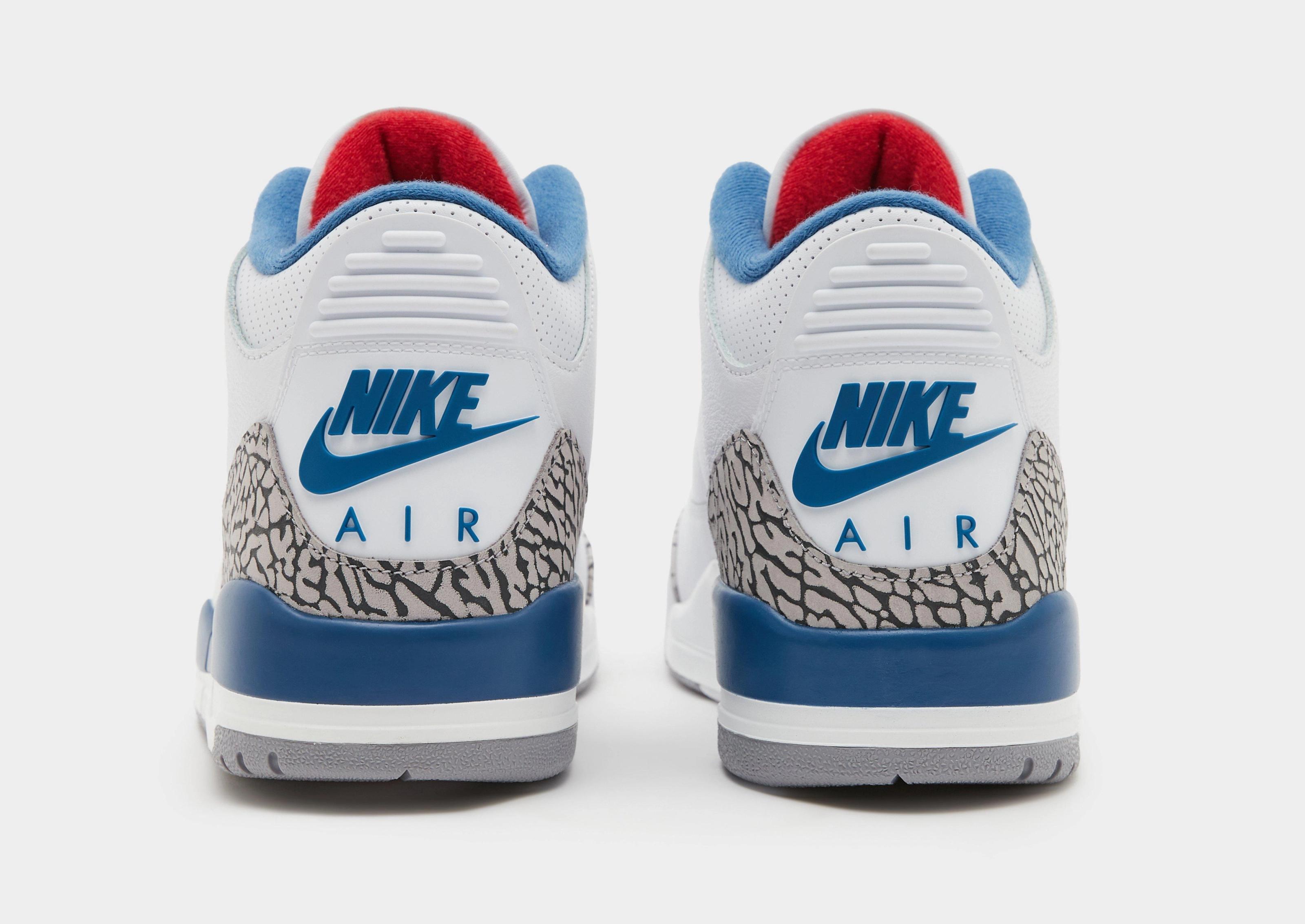 Air Jordan 3 Retro True Blue pair shot showing both shoes with cement elephant print and True Blue midsole stabilisation