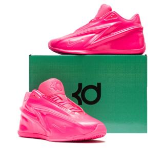 Kevin Durant's Nike KD 19 in a "Bubble Gum Bounce" color scheme.