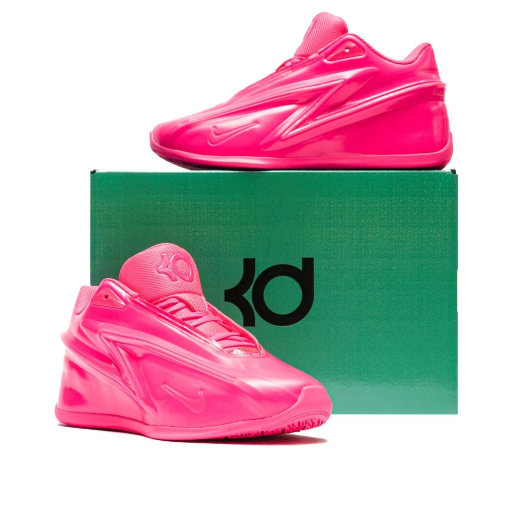 Nike KD 19 Bubble Gum Bounce in vivid pink and pastel colorway, lateral side view