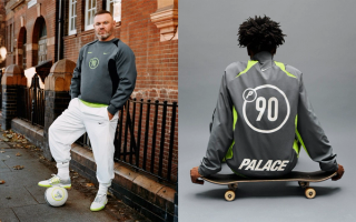 Wayne Rooney modeling for the Palace Skateboards x Nike Sportswear/Football Total 90 III collaboration.