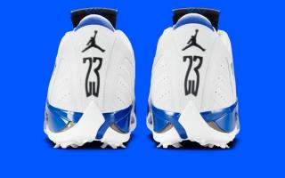 Heel angle of the Air Jordan 14 Golf shoe in a "White/Hyper Royal/Black" color scheme.