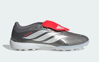 adidas Predator 26 Pro FT Turf “Finishers Steel” in an "Iron Metallic/Zero Metallic/Lucid Red" color scheme.