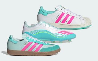 Lionel Messi' aqua-and-pink-colored adidas collaboration ahead of the 2026 FIFA World Cup™, featuring the F50, Samba, and Superstar.